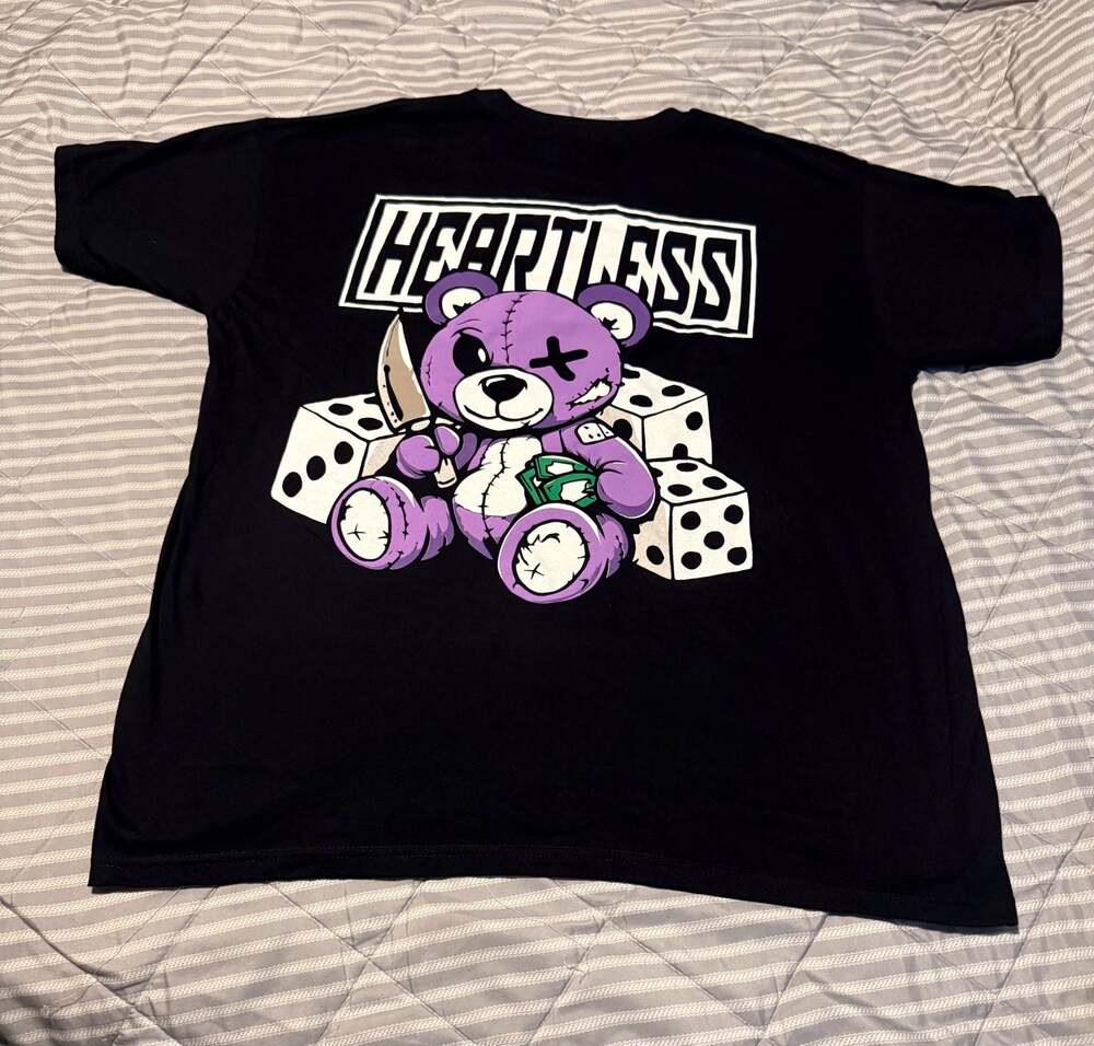 Heartless Graphic T-Shirt Black Purple Teddy Bear Dice Print